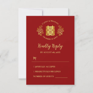 Rotes doppeltes Glück Blumenlogo Chinesische Hochz RSVP Karte