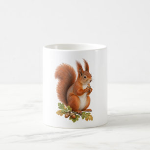 Rotes Eichhörnchen hält eine Eichel zwischen Eiche Kaffeetasse