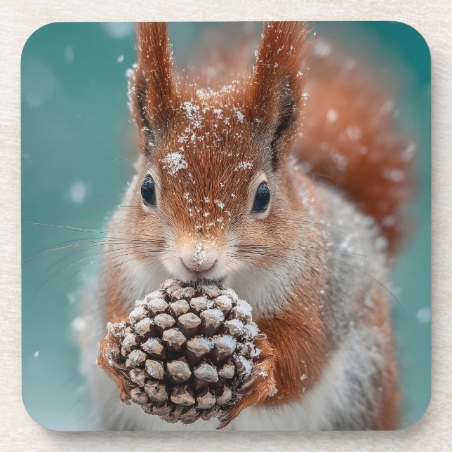 Rotes Eichhörnchen im Schnee mit Pinecone Getränkeuntersetzer (Vorderseite)