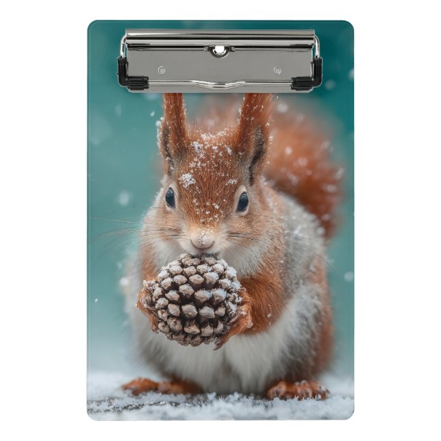 Rotes Eichhörnchen im Schnee mit Pinecone Mini Klemmbrett (Vorderseite)
