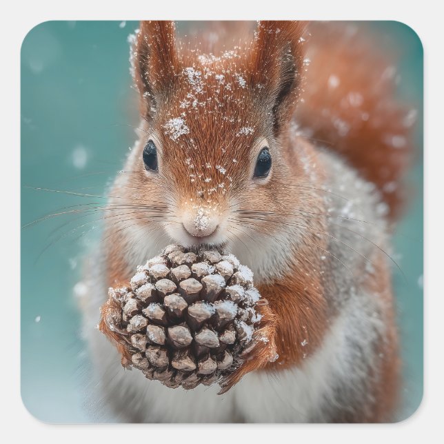 Rotes Eichhörnchen im Schnee mit Pinecone Quadratischer Aufkleber (Vorderseite)