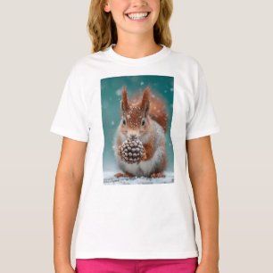 Rotes Eichhörnchen im Schnee mit Pinecone T-Shirt