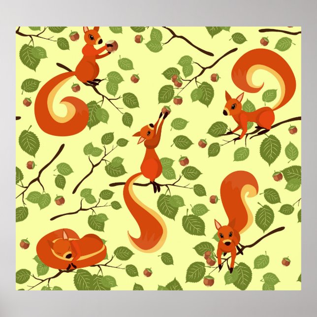 Rotes Eichhörnchen in Haselzweigen. Poster (Vorne)