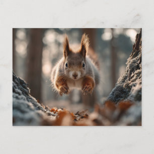 Rotes Eichhörnchen springt im frostigen Wald Feiertagspostkarte