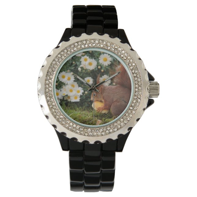 Rotes Eichhörnchen und Blumen Armbanduhr (Vorderseite)