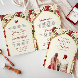 Rotes Elfenbein Floral All in One Sikh-Hochzeit Einladung