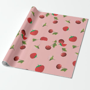 Rotes Erdbeer- und Kirschmuster Rosa Frucht Geschenkpapier