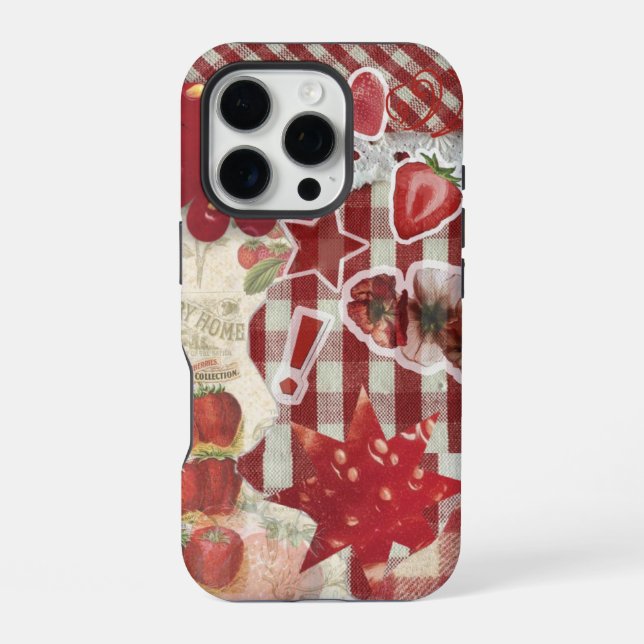 Rotes Erdbeerband-Kollagen-Case | Cute Ästhetik iPhone Hülle (Rückseite)