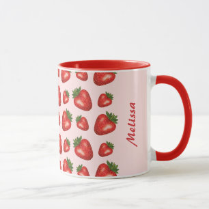 Rotes Erdbeermuster auf Rosa mit Individuelle Name Tasse