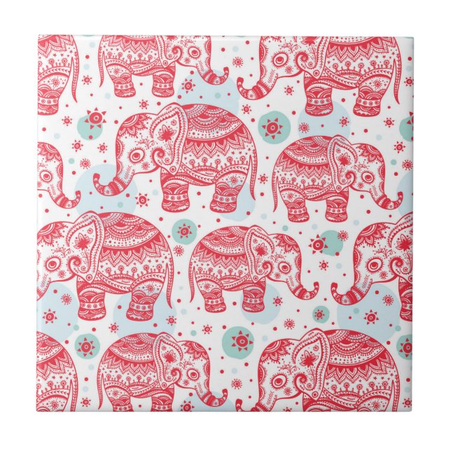 Rotes ethnisches Elefant-Muster Fliese (Vorderseite)