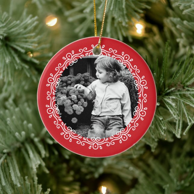 Rotes Extravagantes Wirbel Foto Keramik Ornament (Baum)