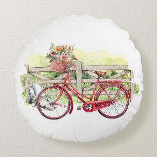 Rotes Fahrrad mit Blume Wasserfarbe Rundes Kissen