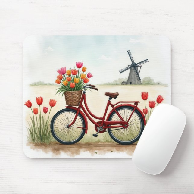 Rotes Fahrrad mit holländischen Tulips Mousepad (Mit Mouse)