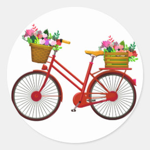 Rotes Fahrrad mit Korb von Blume - Runder Aufkleber