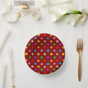 Rotes farbenfrohes Regenbogen-Punkte-Design Pappteller