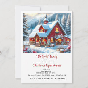 Rotes Farmhaus Weihnachts-Open House Einladung