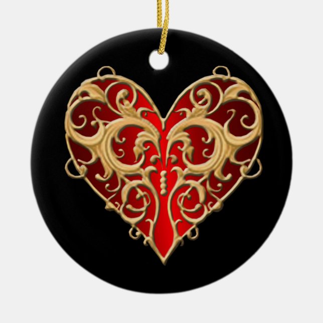 Rotes Filigree Herz Rund Ornament (Vorne)