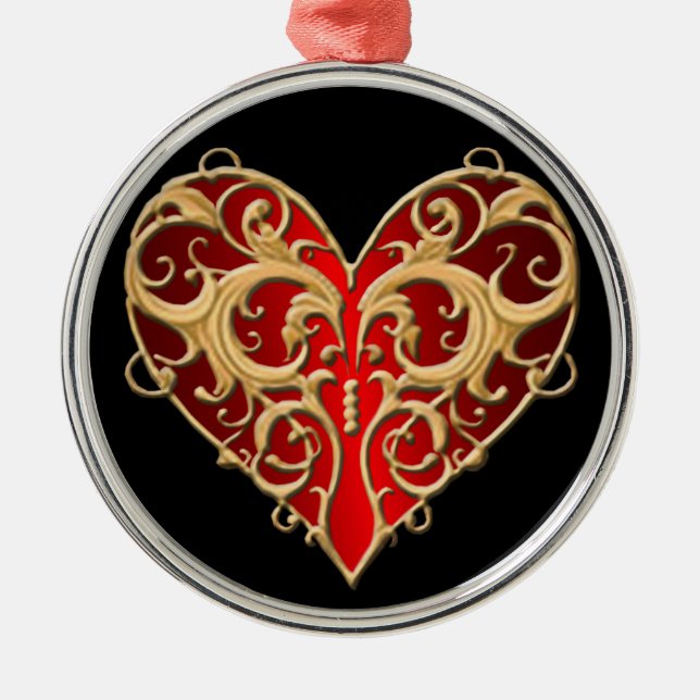 Rotes Filigree Herz Rund Ornament (Vorne)
