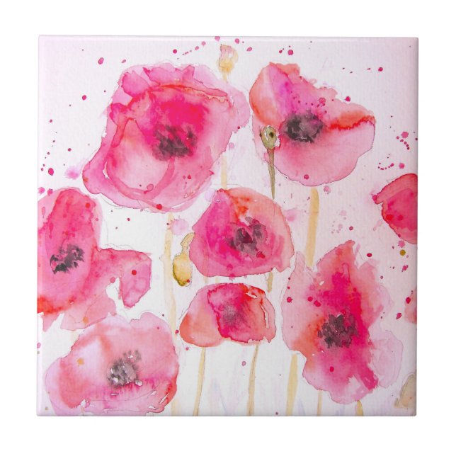 Rotes Flandern-Mohn-Aquarell-Blumenmuster Fliese (Vorderseite)