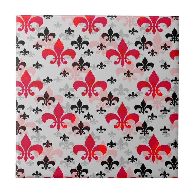 Rotes Fleur De Lis Oberflächenmuster-Design Fliese (Vorderseite)