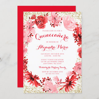 Rotes Flora Gold Quinceanera Einladung
