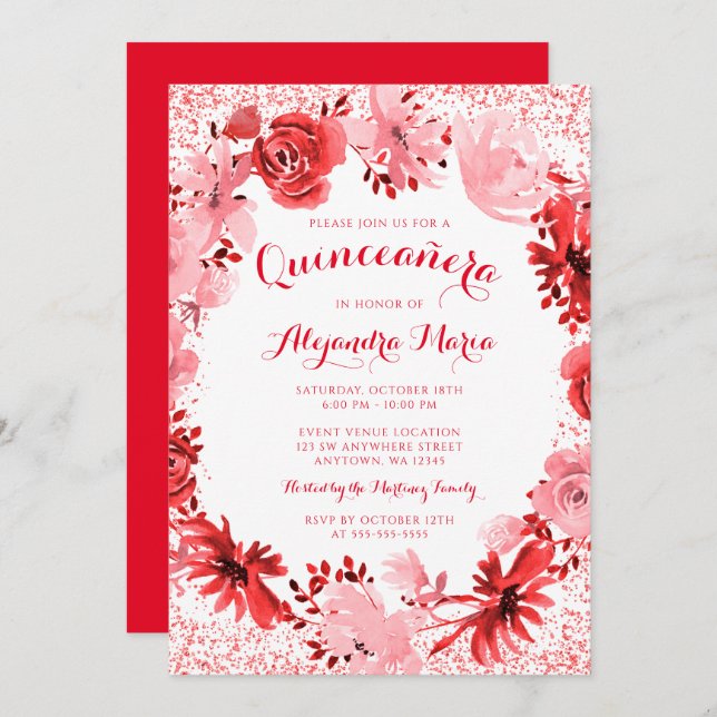 Rotes Flora Quinceanera Einladung (Vorne/Hinten)
