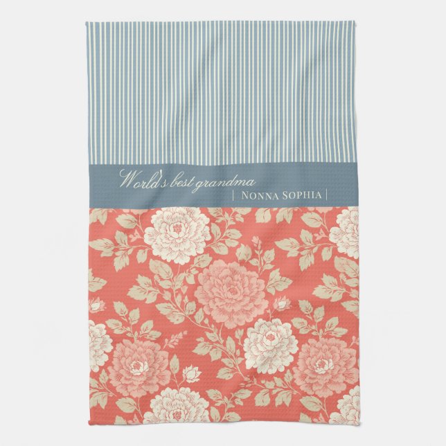 Rotes florales Blockdruckmuster mit blauen Streife Geschirrtuch (Vertikal)