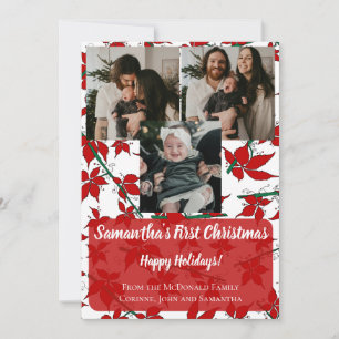 Rotes florales erstes Weihnachten des Babys 3 Foto Einladung