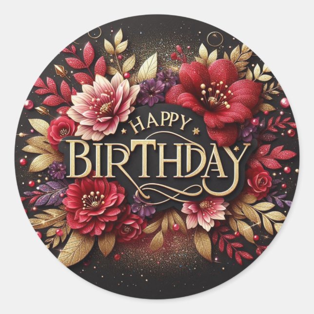 Rotes florales Geburtstagssticker  Runder Aufkleber (Vorderseite)