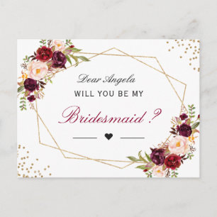 Rotes florales geometrisches Wirst-du-meine-Brautj Einladungspostkarte
