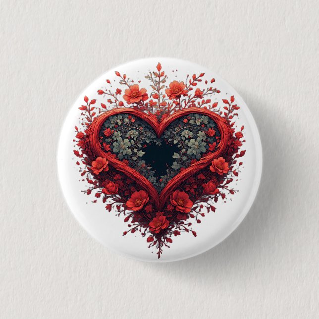 Rotes florales Herzdesign mit blühenden Blumen Button (Vorderseite)