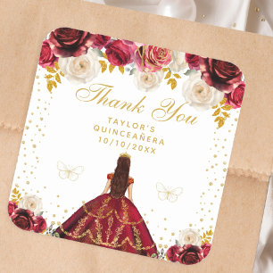 Rotes florales Prinzessin Quinceañera Quadratischer Aufkleber