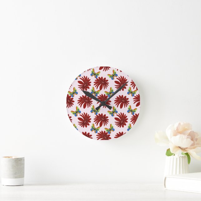 Rotes florales Schmetterlingsmuster | Kühne Gänseb Runde Wanduhr (Zuhause)