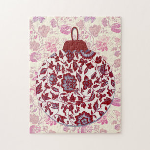 Rotes florales Vintage-Kunst-Weihnachts-Puzzle Puzzle