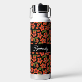 Rotes florales Wasserfarben-Monogramm Name Trinkflasche