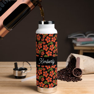 Rotes florales Wasserfarben-Monogramm Name Trinkflasche
