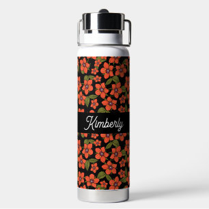 Rotes florales Wasserfarben-Monogramm Name Trinkflasche