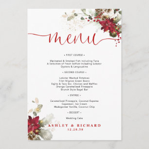 Rotes florales Weihnachts-Hochzeitsmenü Menükarte