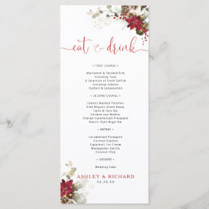Rotes florales Weihnachts-Hochzeitsmenü Menükarte