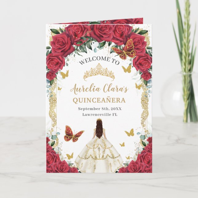 Rotes florales weißes Kleid Quinceañera Reihenfolg Programm (Vorderseite)