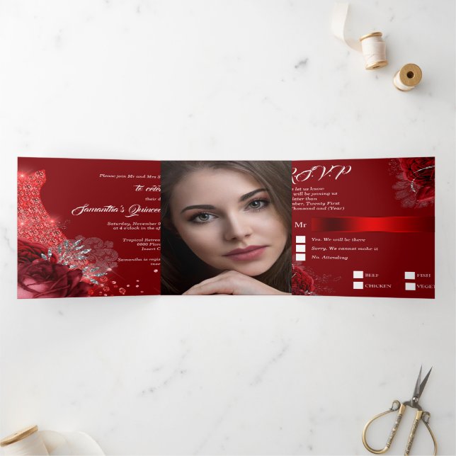 Rotes FOTO Blütenkugel Rose Girls Dreifach Gefaltete Einladung (Innenseite)