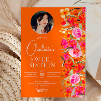 Rotes Foto mit orangefarbenem Untergrund Sweet 16 Einladung