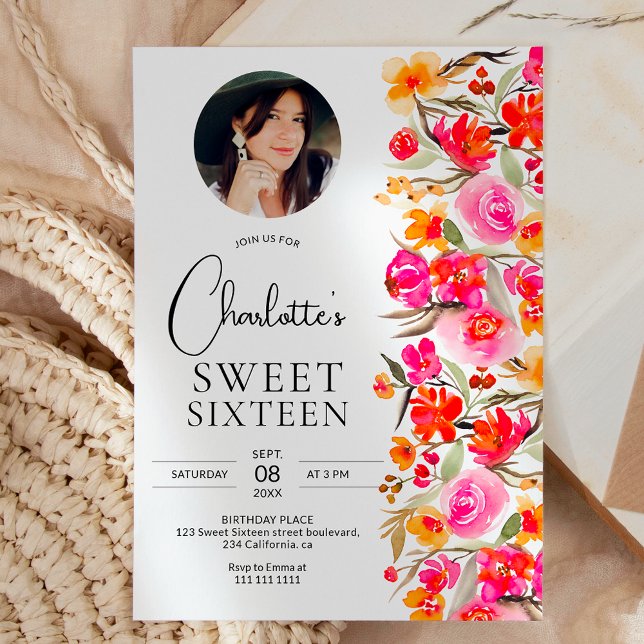 Rotes Foto mit orangefarbenem Untergrund Sweet 16 Einladung (Fall boho red orange floral photo Sweet 16 Invitation)