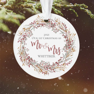 Rotes Foto von Frischvermählten zum 1. Weihnachten Ornament