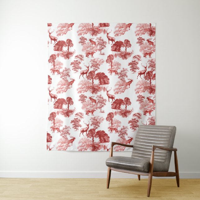 Rotes französisches Toile Deer Fox Forest Pattern  Wandteppich (Beispiel)