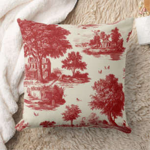 Rotes französisches Toile-Landmuster Kissen