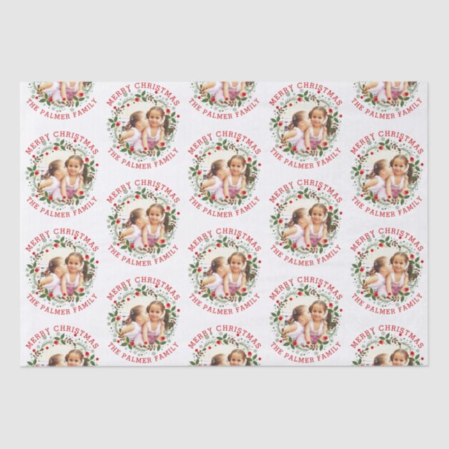 Rotes frohe Weihnachten, blumengeschmücktes Foto Seidenpapier (Vorderseite)