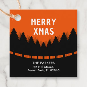 Rotes Frohe Weihnachten mit Bäumen Geschenkanhänger