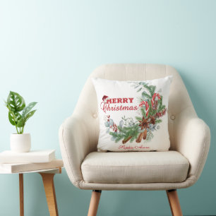 Rotes Frohe Weihnachten Winter Bouquet Monogramm Kissen