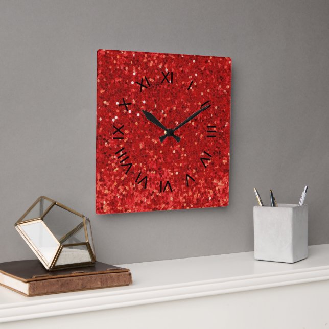 Rotes funkelndes Glittermuster Quadratische Wanduhr (Büro)
